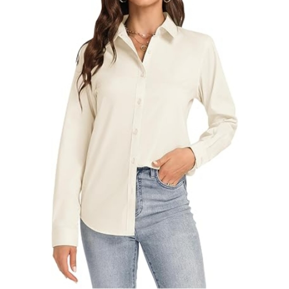 Button Down Long Sleeve Stretch Solid Work Shirt Beige